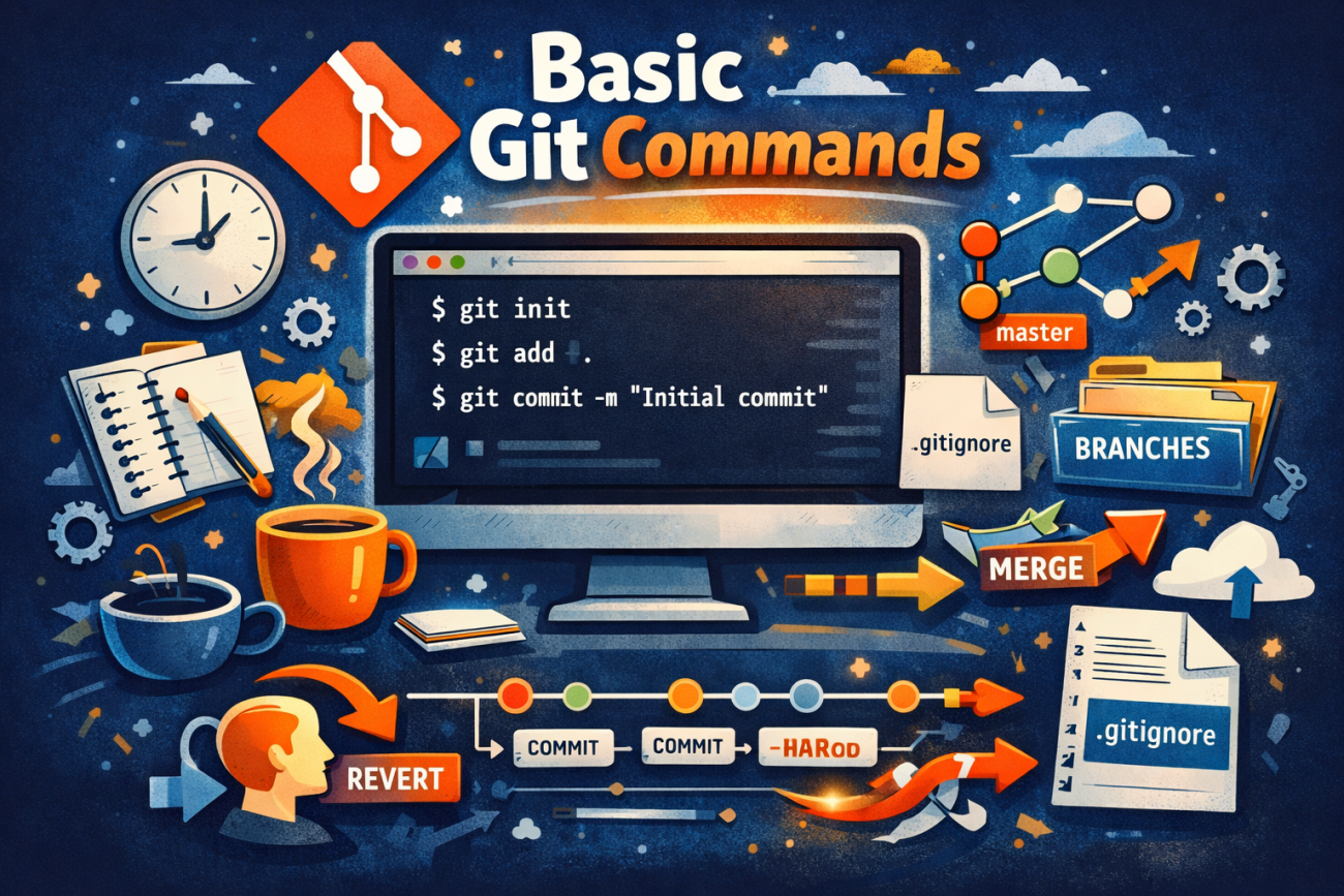 Illustration showing basic Git commands such as git init, git add, git commit, branching, merging, revert, and .gitignore in a developer workflow